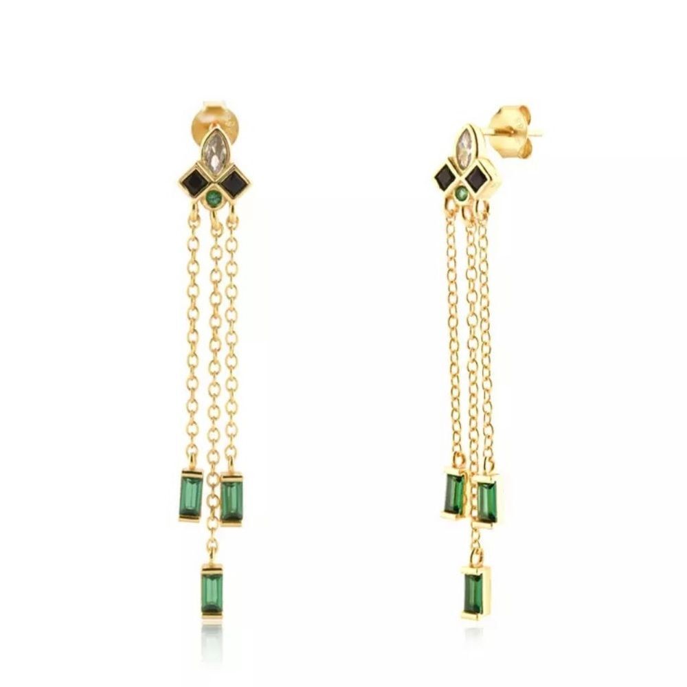 GOLD PLATED STERLING SILVER ART DECO MID CENTURY MODERN EMERALD ONYX DANGLE